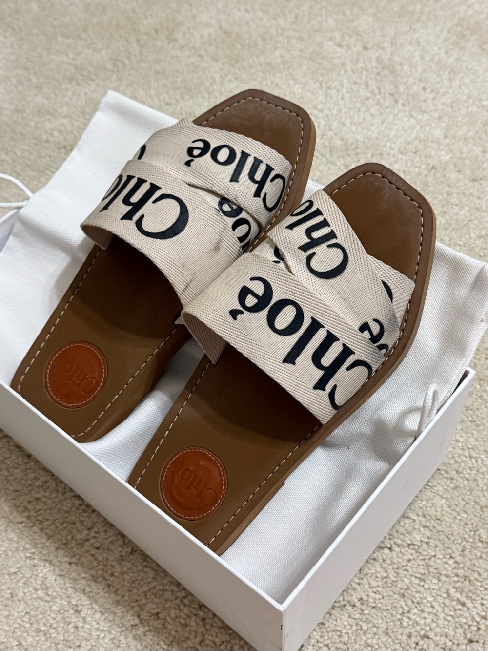 Chloé Beige Canvas Logo Slide Sandals with Brown Footbed - Picture 2 of 5